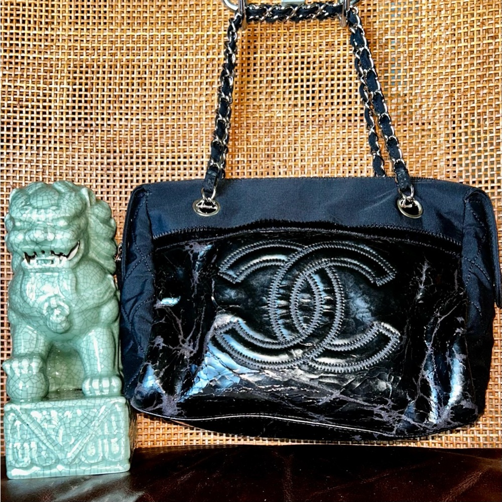 Vintage CHANEL Cambon Line Mini Black Nylon and Patent Leather - RARE